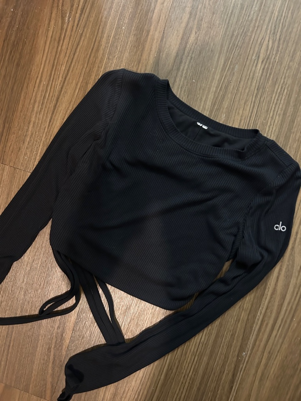 Alo Black Long-Sleeve Ribbed Crop Top with Tie Detail